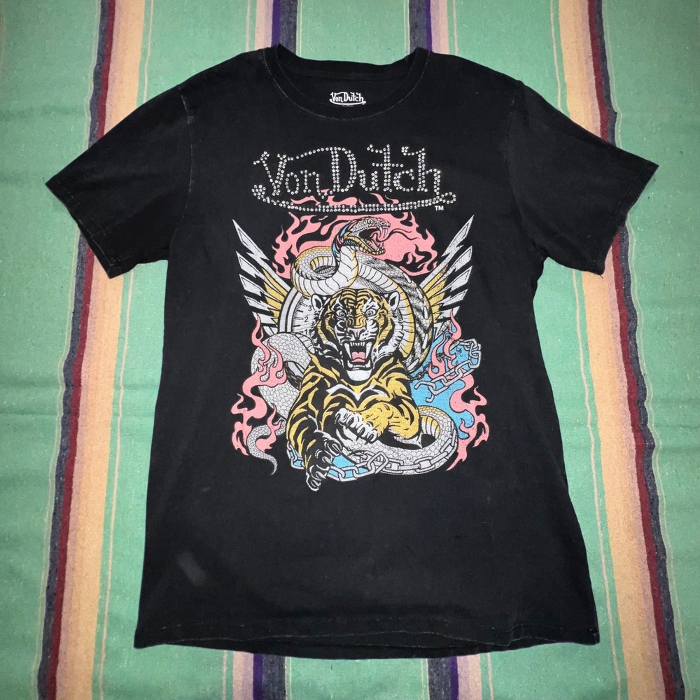 Von Dutch Graphic T Shirt Mens Medium Black Tiger Snake Rhinestone Y2K Tee